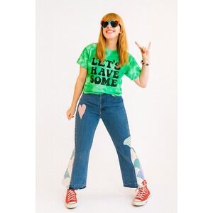 Quilt Patchwork‎ Jeans 12 Short Blue Heart Applique Cottagecore Indie Unique